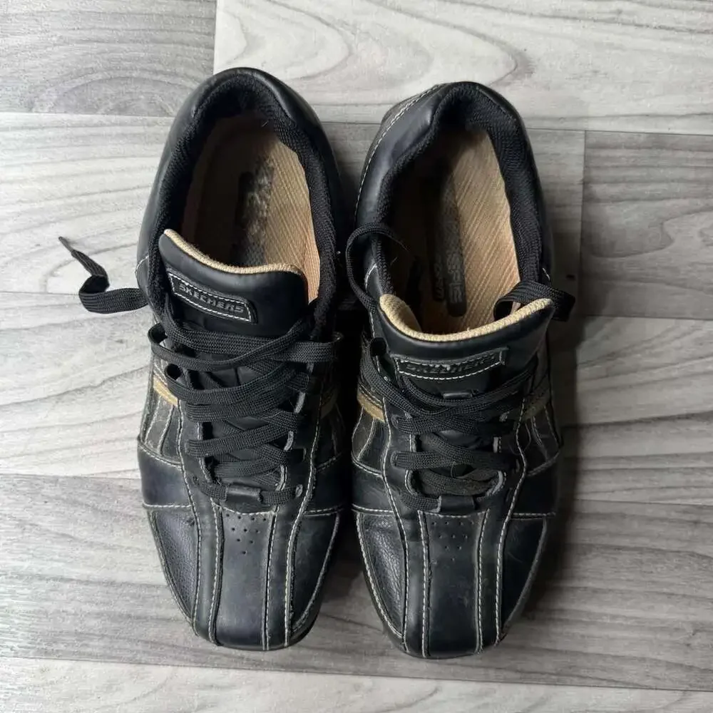 Skechers SN 64455 Black Leather Striped Sneakers Size 8